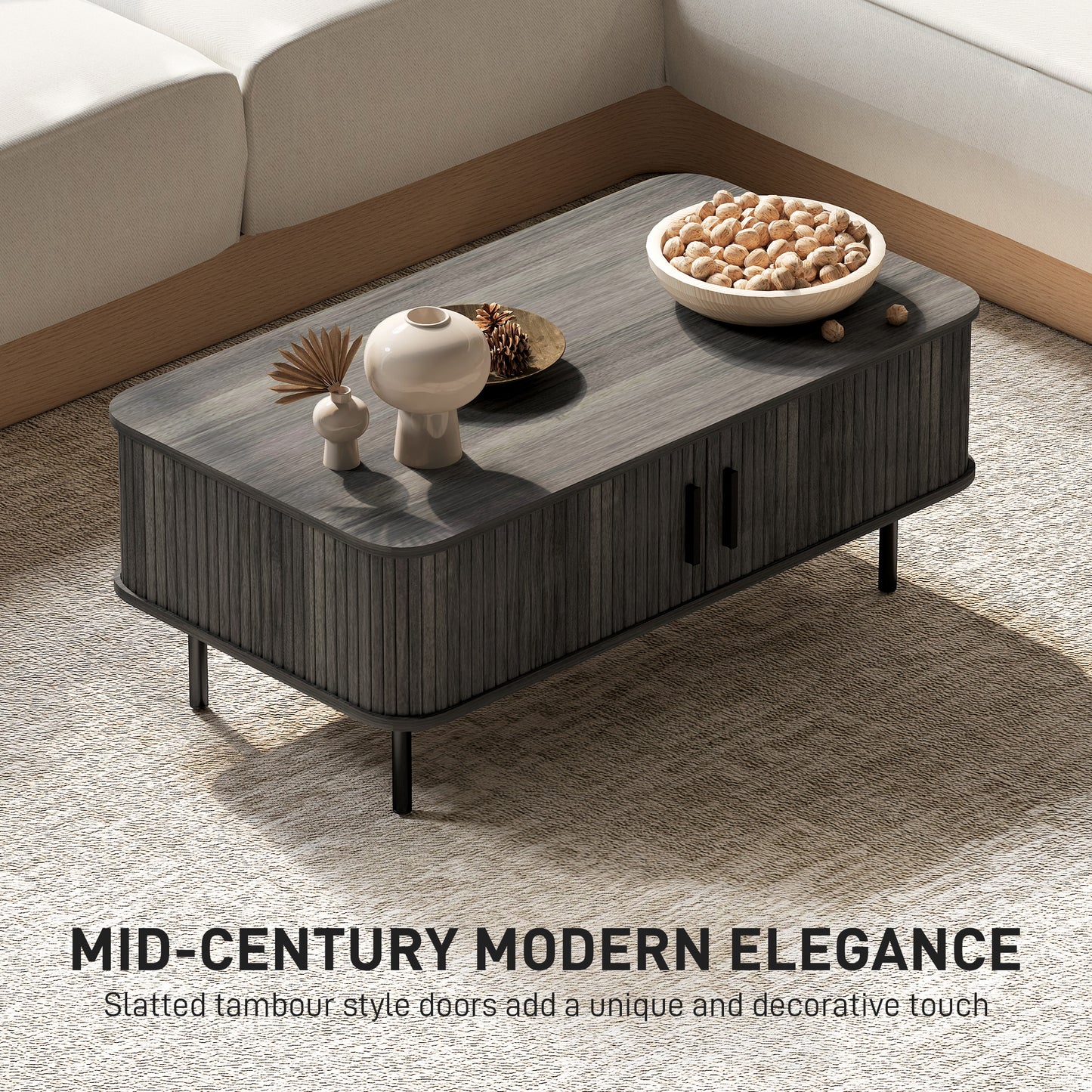 Coffee Table With Storage, Living Room Table With Slatted Tambour Sliding Doors And Foot Pads, Rectangular Coffee Table With Elevated Base For Living Room, Grey Wood-Effect