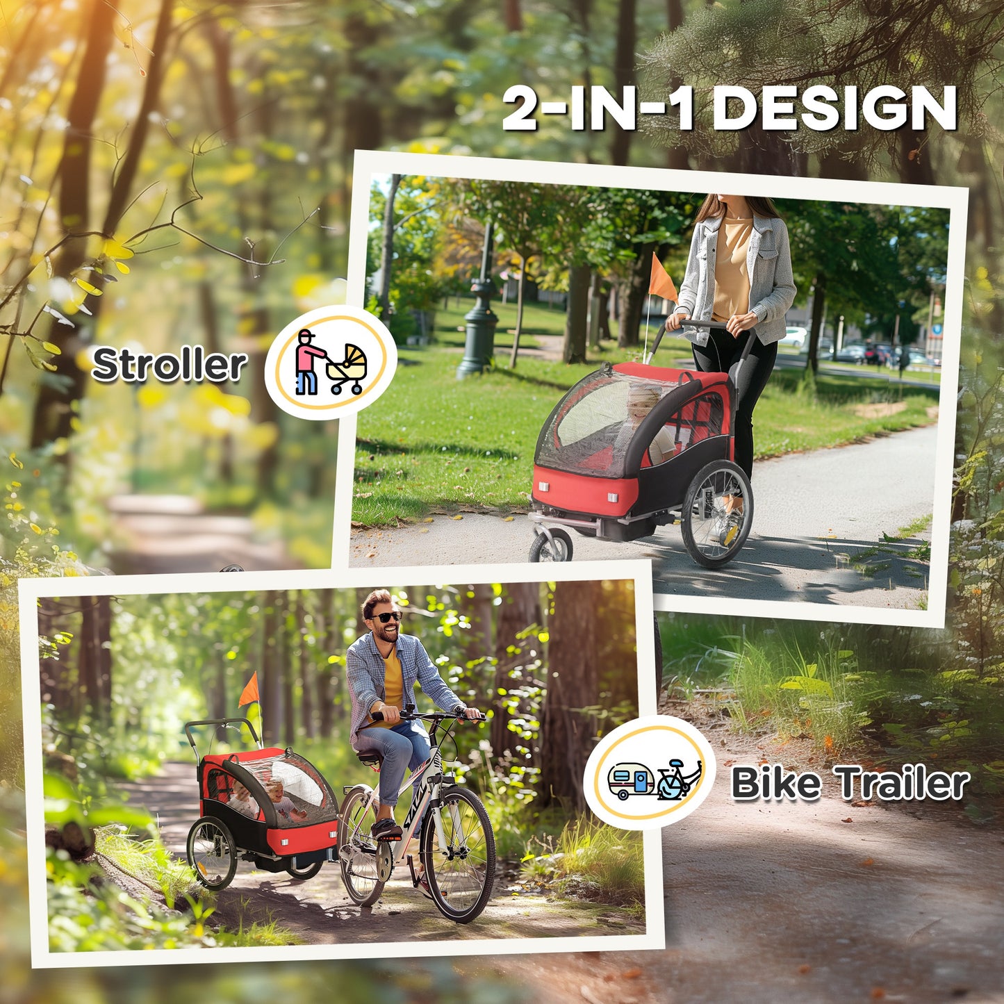 2 Seat Bike Trailer With 5 Point Harness, Baby Bike Stroller With Safety Flag, Reflectors, For 18+ Months, Red