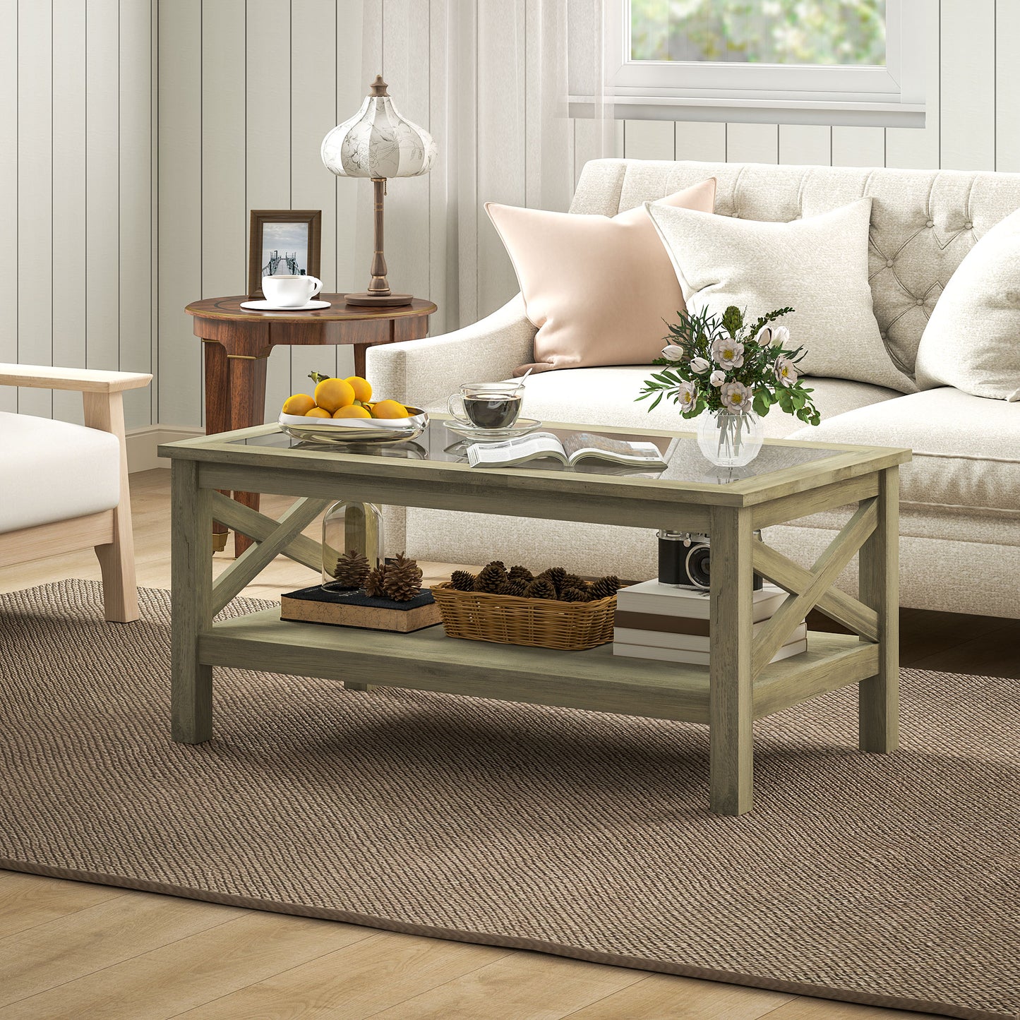 Coffee Table with Tempered Glass Tabletop, Living Room Table with Wood Frame and Underneath Storage Shelf, Gray