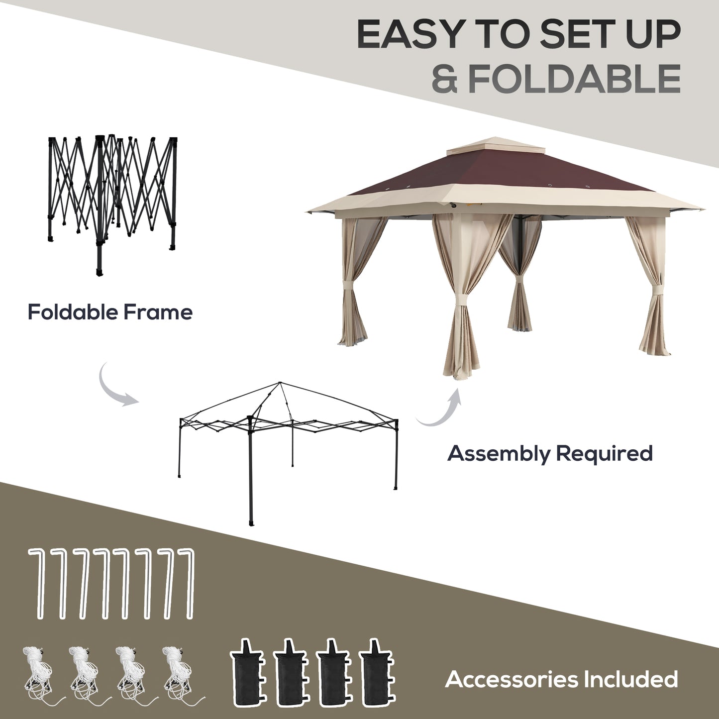 13' X 13' Pop Up Gazebo Instant Canopy Tent Shelter With 2-Tier Roof, Carry Bag, Wight Bags For Outdoor, Garden, Brown