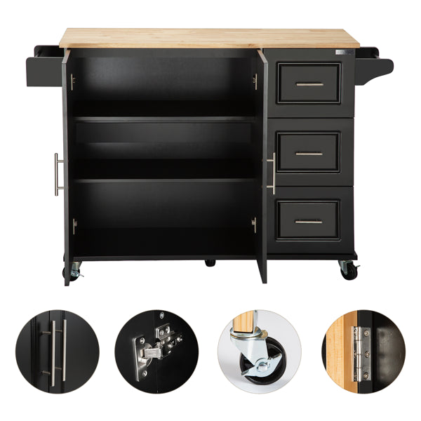 Kitchen Island & Kitchen Cart, Mobile Kitchen Island, Rubber Wood Top, Big & Adjustable Shelf Inside Cabinet For Different Utensils, Luxury Design Fits Party At Different Site.