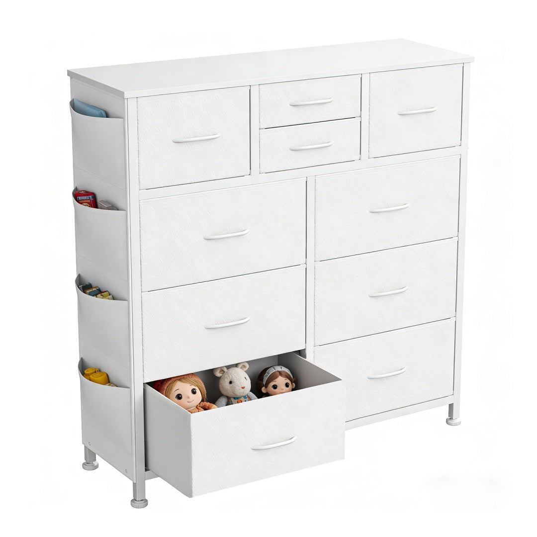 10-Drawer Dresser With Side Pocket & Hooks, Storage Cabinet With Wood Top For Bedroom Closet Organization
