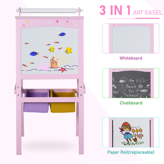 Kids Easel 3 In 1 Wooden Art Easel With Paper Roll Double-Sided Chalkboard & Whiteboard With Storage Baskets For Toddler Girls, Pink