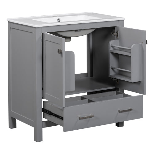 30 Gray Bathroom Vanity With Single Sink, Combo Cabinet Undermount Sink, Bathroom Storage Cabinet With 2 Doors And A Drawer, Soft Closing, Multifunctional Storage, Solid Wood Frame