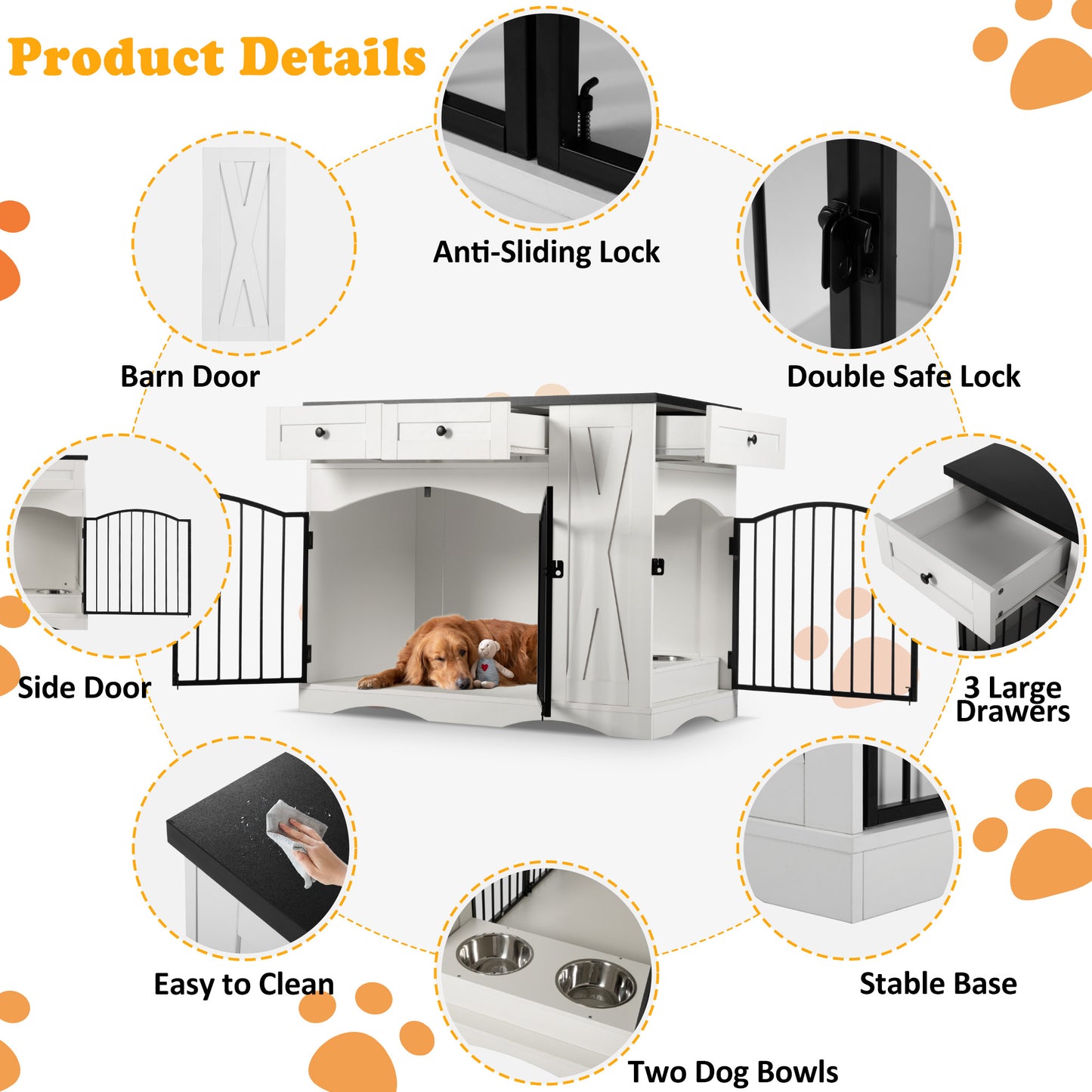 GO 43.3 Farmhouse Dog Crate Furniture, Heavy Duty Dog Crate With 3 Drawers, Indoor Wooden Dog Kennel With Removable Feeder, Dog Cage End Table For Medium Large Dogs, White