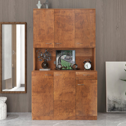70.87 Tall Wardrobe Kitchen Cabinet, With 6-Doors, 1-Open Shelves And 1-Drawer For Bedroom,Walnut