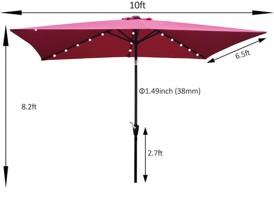 10 x 6.5t Rectangular Patio Solar LED Lighted Outdoor Umbrella with Crank and Push Button Tilt for Garden Backyard Pool Swimming Pool Burgundy