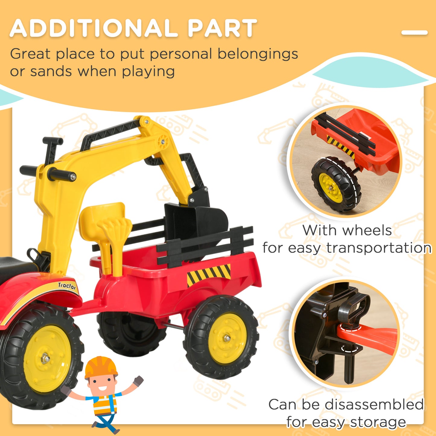 Kids Ride On Excavator Toy Pedal Powered Digger With 6 Wheels Detachable Trailer Controllable Bucket For Ages 3-6