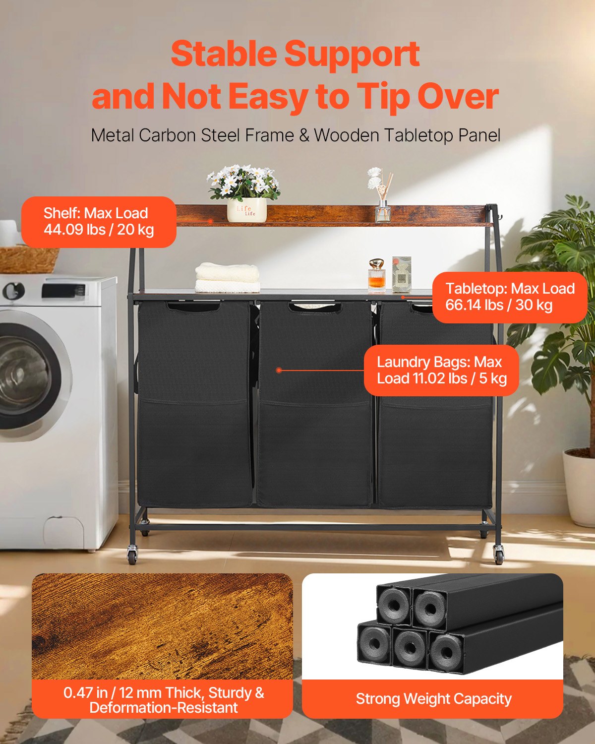 Wäschekorb Wäschesortierer Mit 3 Fächern (600D Oxfordstoff) & Holztischplatte, Wäschesammler Auf Rollen Mit Leiterregalen, Wäschetrenner Wäsche-Sortiersystem Für Schmutzige Kleidung