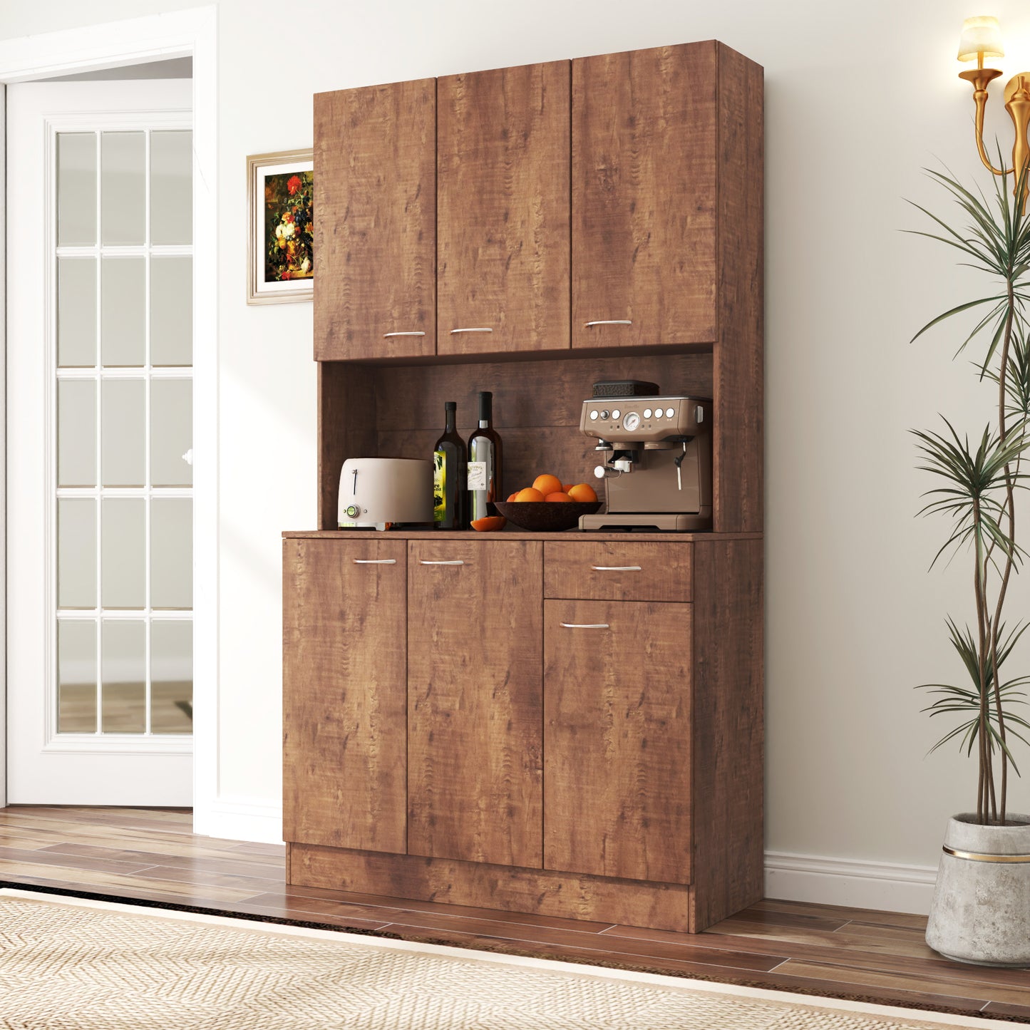70.87 Tall Wardrobe Kitchen Cabinet, With 6-Doors, 1-Open Shelves And 1-Drawer For Bedroom,Walnut