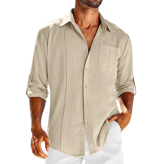 Casual Long Sleeve Shirt With Pocket Lace Polo Collar Solid Color Button Mens Clothing