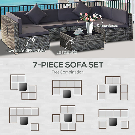7 Piece Wicker Patio Furniture For Backyard Outdoor Sectional Sofa With Cushions Tempered Glass Coffee Table Pillows Gray