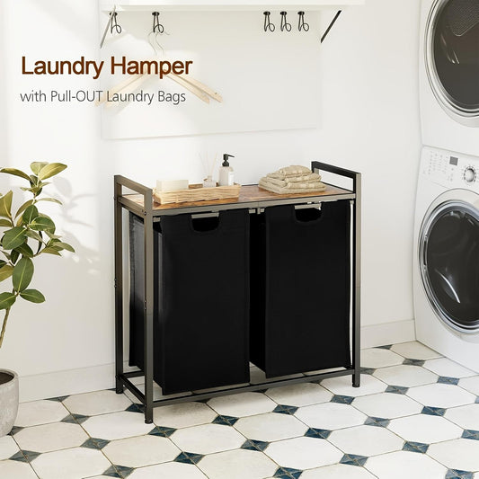 Patio Covered Laundry Basket With Rolling Wheels, Iron Laundry Sorter With Top Rack & 2 Detachable Bags, Outdoor Storage Box For Laundry