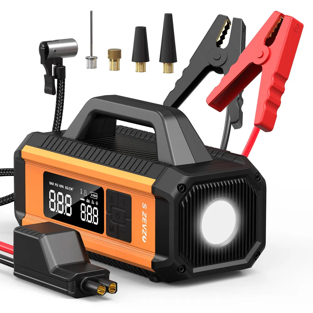 2 In 1 Car Jump Starter With Air Compressor Air Inflator Battery Charge Jumper Booster Power Bank Jumper Box Blue Red Emergency Alarm Flashlight