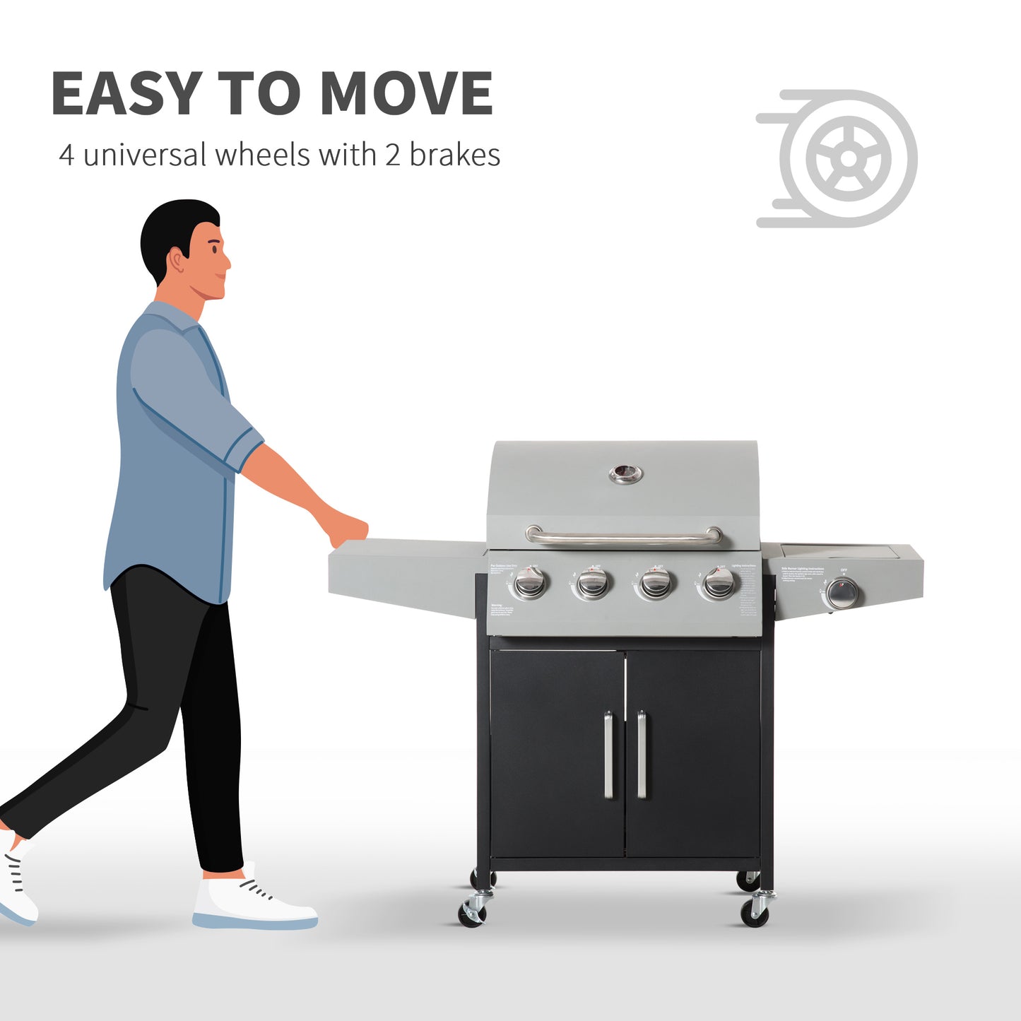 52" Barbecue Grill with Wheels 4+1 Burner Liquid Propane Gas Grill Outdoor Cabinet Style BBQ Trolley w/ Side Burner, Warming Rack, Storage Cabinet