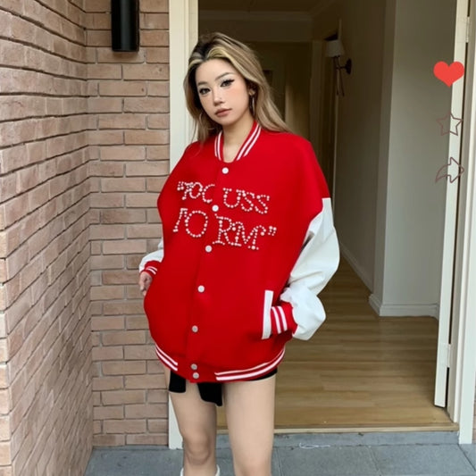 Retro Baseball Jacket Women's Beaded Jacket Loose Top