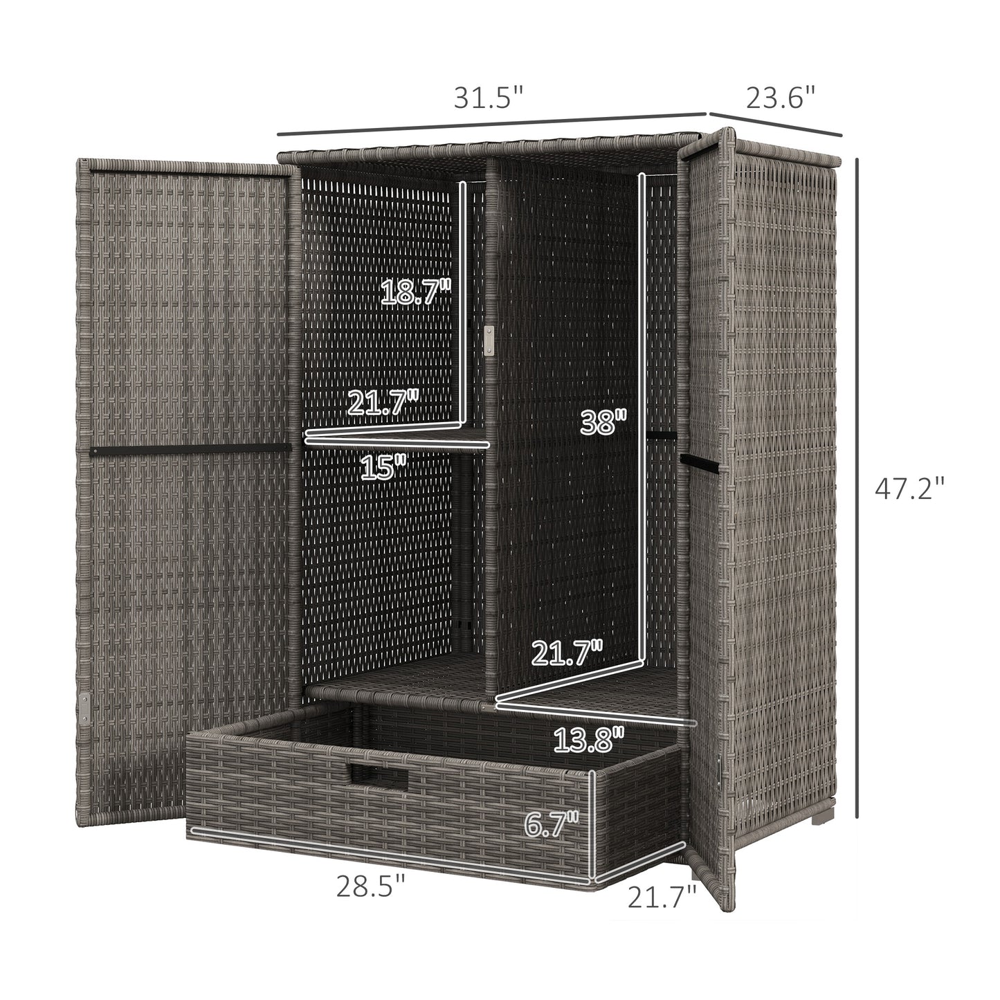 Outdoor Storage Cabinet with Shelves, Rattan Pool Towel Storage Cabinet with Removable Shelf & Drawer, Dark Gray