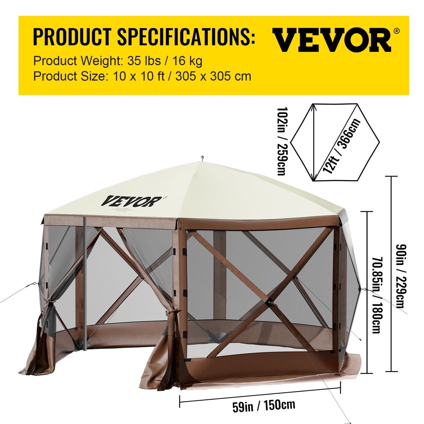 VEVOR Camping Gazebo Tent, 6 Sided Pop-up Canopy Screen Tent For 8 Person Camping, Waterproof Screen Shelter Portable Storage Bag, Ground Stakes, Mesh Windows, Brown & Beige