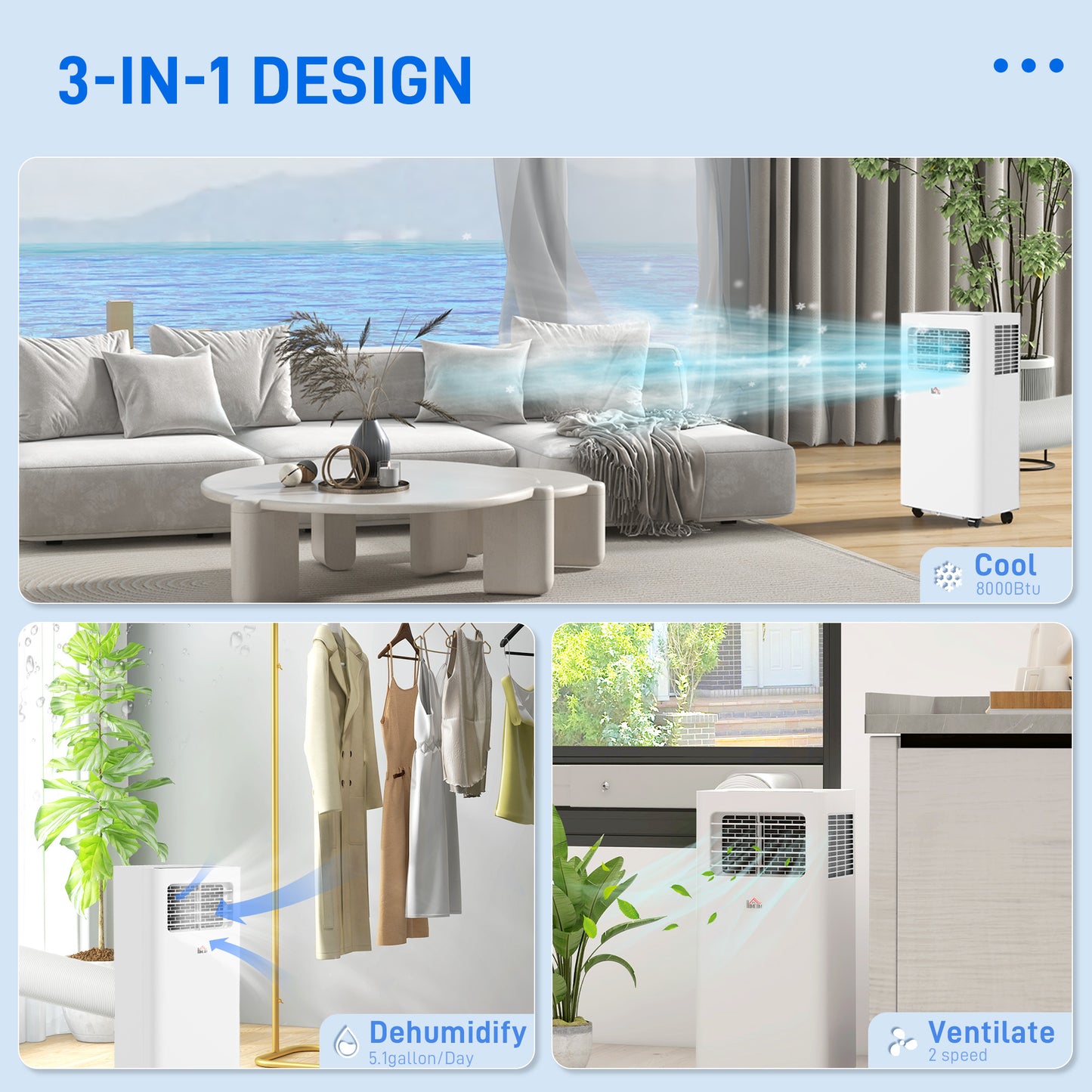 8000 BTU Mobile Air Conditioner, 345 Sq. Ft., AC Unit with Dehumidifier, Sleep, 24H Timer On/Off, Window Kit, White