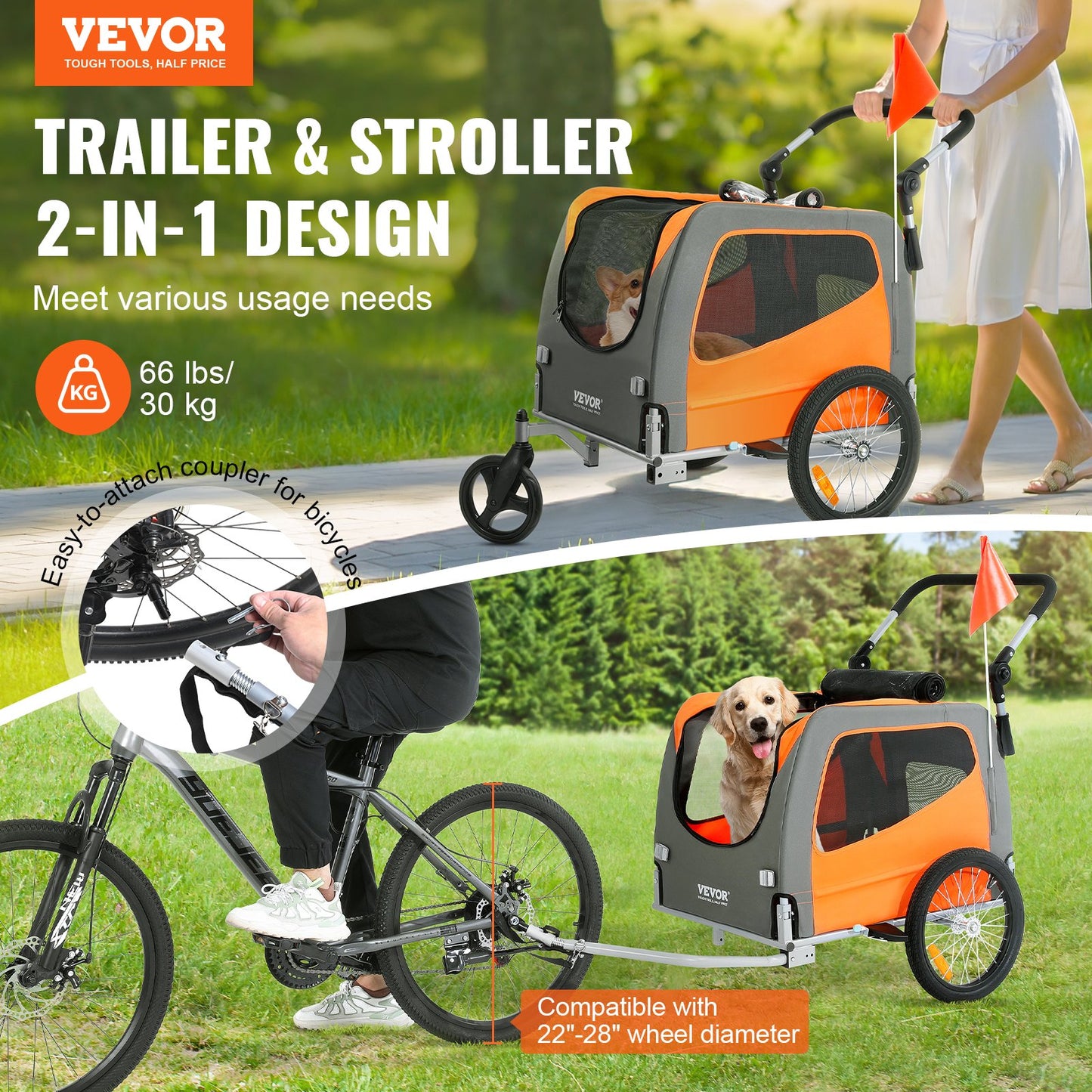 Dog Bike Trailer, Supports Up To 66 Lbs, 2-in-1 Pet Stroller Cart Bicycle Carrier, Easy Folding Cart Frame With Quick Release Wheels, Universal Bicycle Coupler, Reflectors, Flag, Orange/Gray
