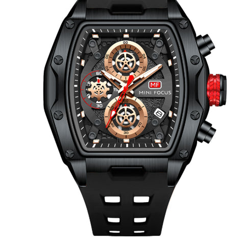 Track-Style Sports Chronograph Mens Watch With Curved Glass And Openwork Design