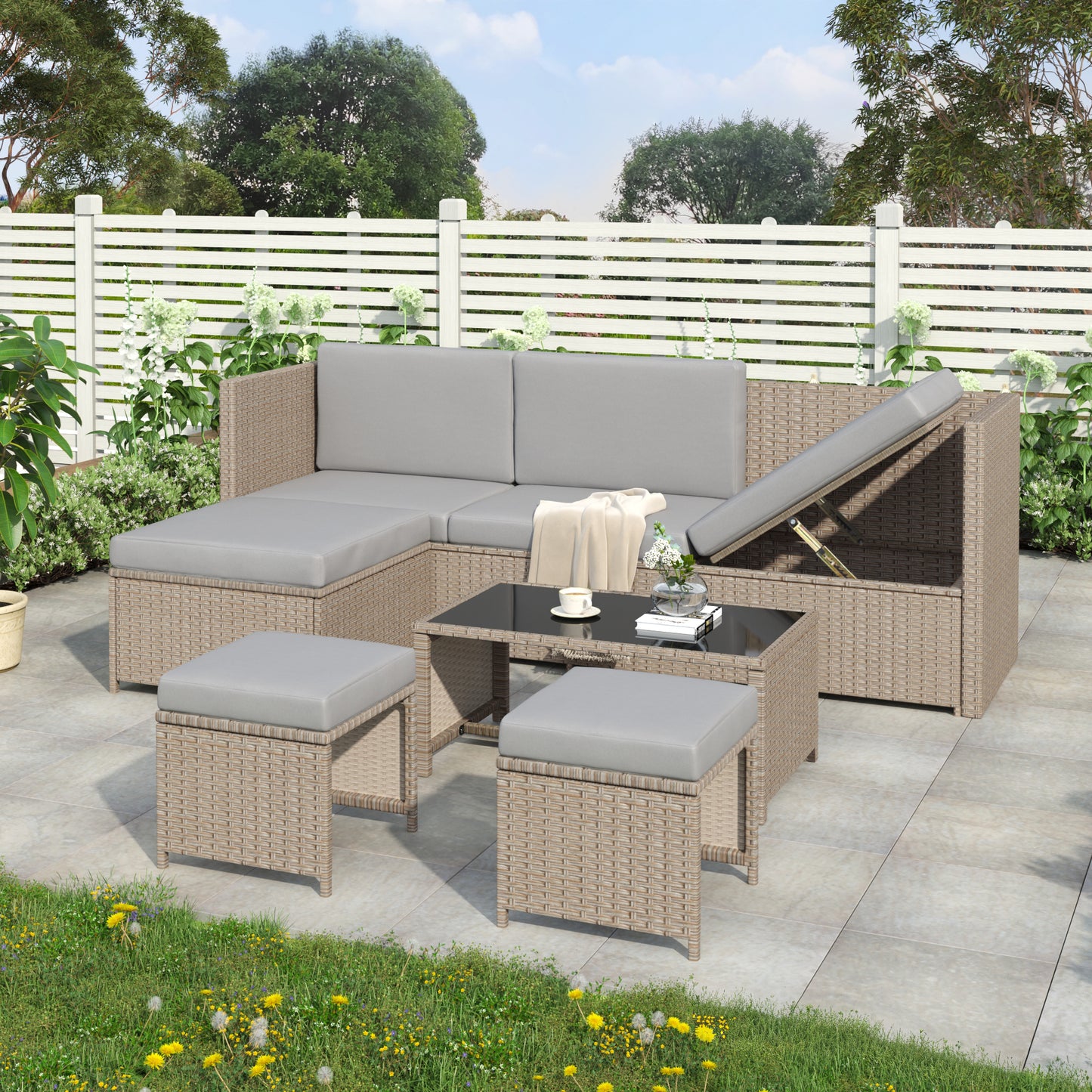 4-6 Seater Garden Lounge Set, Garden Furniture Set, Ratten Sofa, Seating Group, Patio Furniture,Khaki