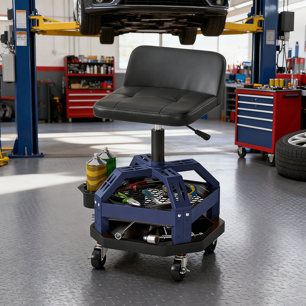 Rolling Creeper Garage Stool, 300 LBS Capacity Mechanic Stool With 360 Degrees Wheels, Tool Tray, Adjustable Height, Blue