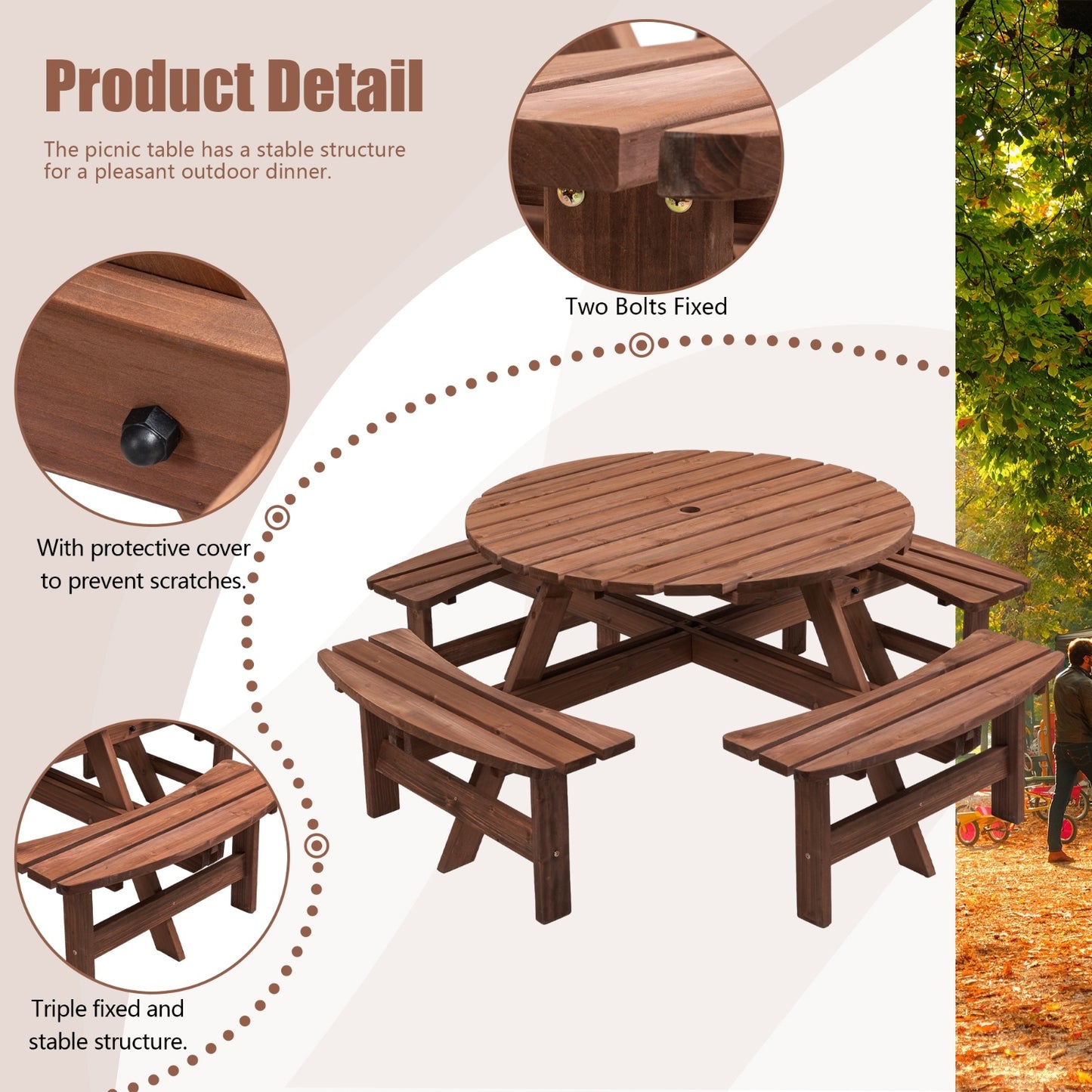 8 Person Wooden Picnic Table - Outdoor Camping Dining W 4 Built-in Benches