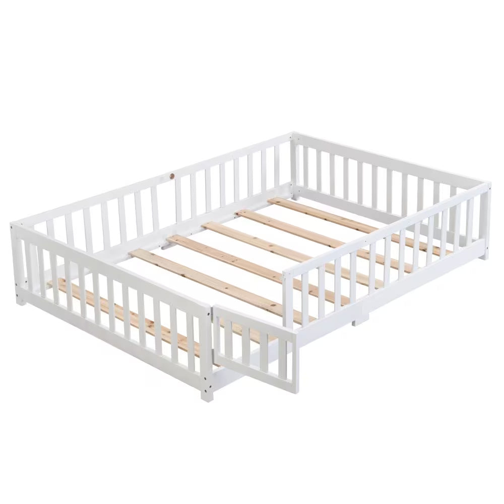 Twin Size Floor Bed With Door,Solid Wood Platform Bed Frame With Fence,Suitable For Children,Pine Wood,