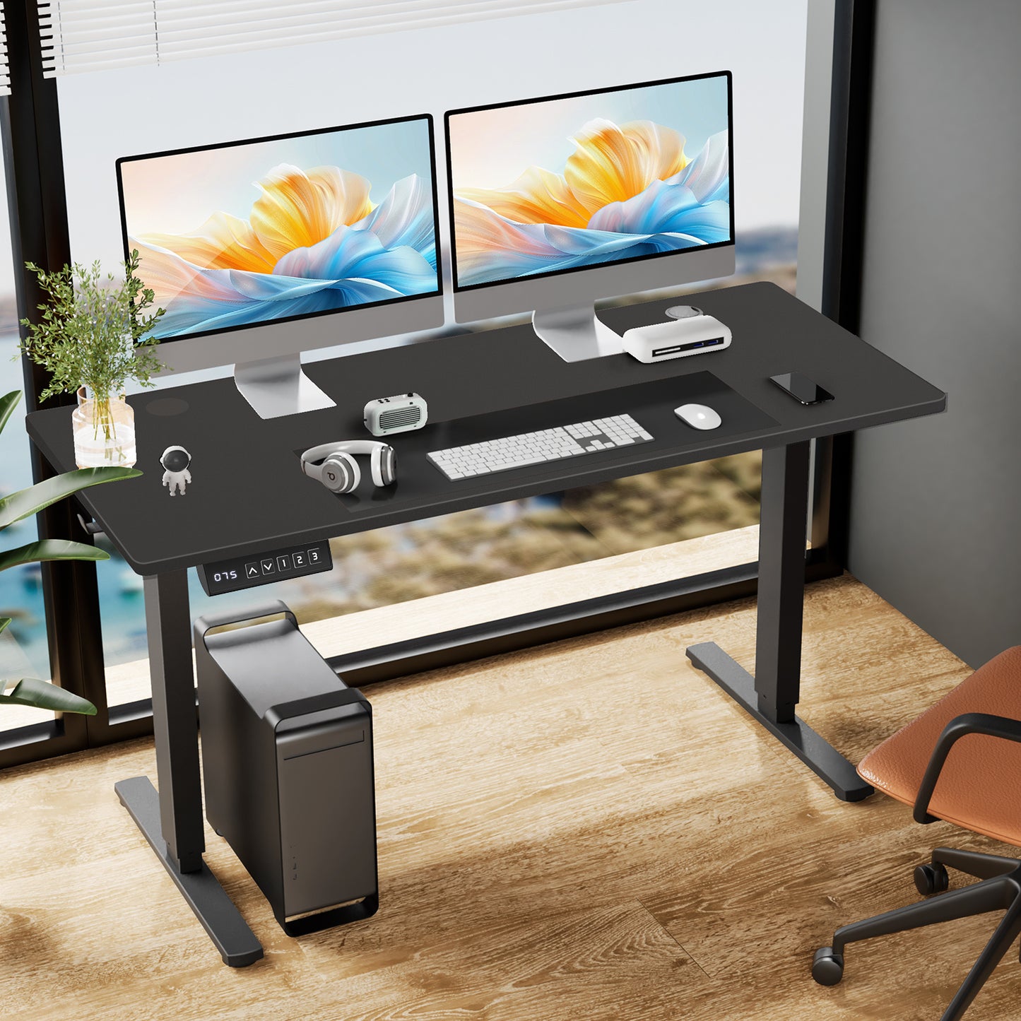 Electric Adjustable Height Standing Desk Sit To Stand Up Desk With Splice Board, Rising Home Office Computer Table With 2 Hook And Wire Hole For Work