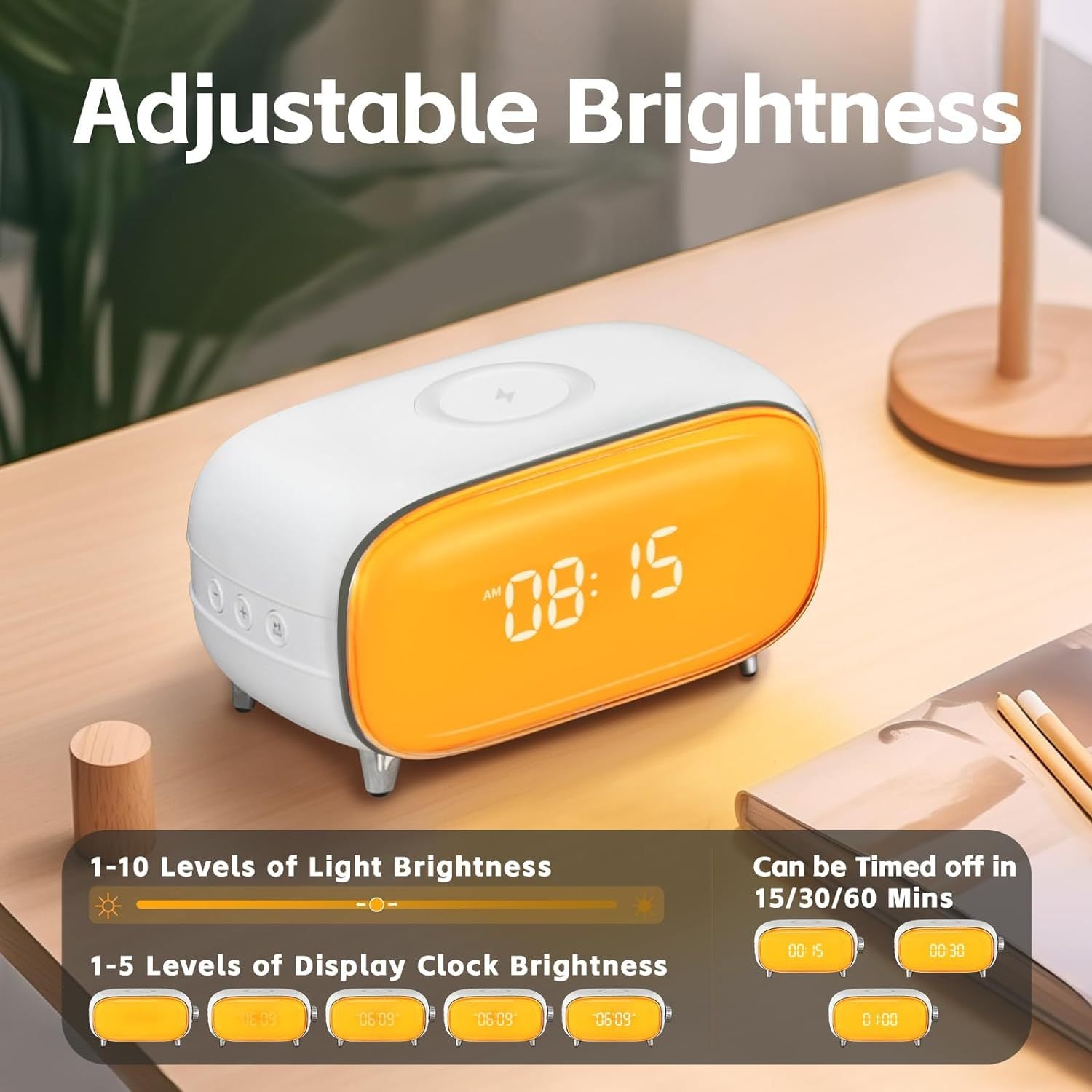 JW-2103F wireless charging Bluetooth wake-up light bedside desk preferred with clock display and light 15W