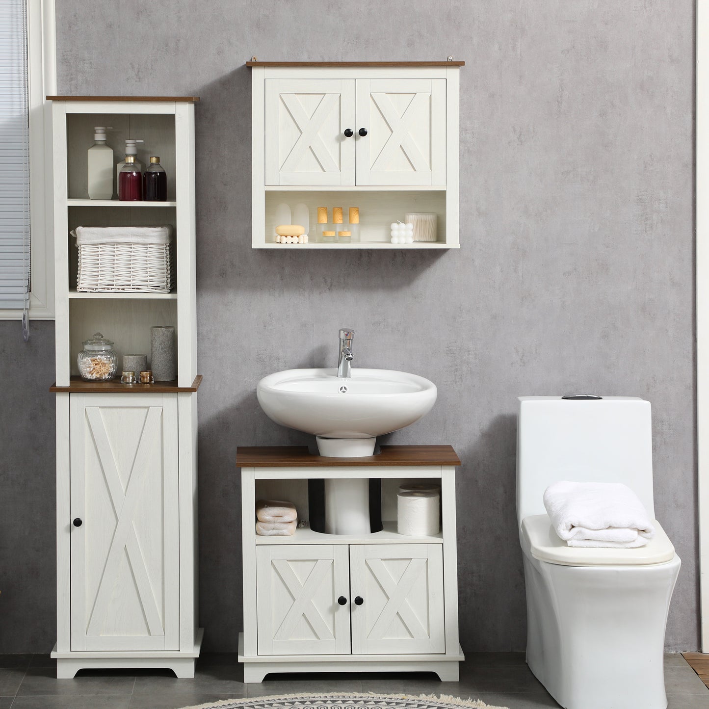 Modern Farmhouse Bathroom Sink Cabinet, Pedestal Sink Storage Cabinet with Double Doors and Shelves, White