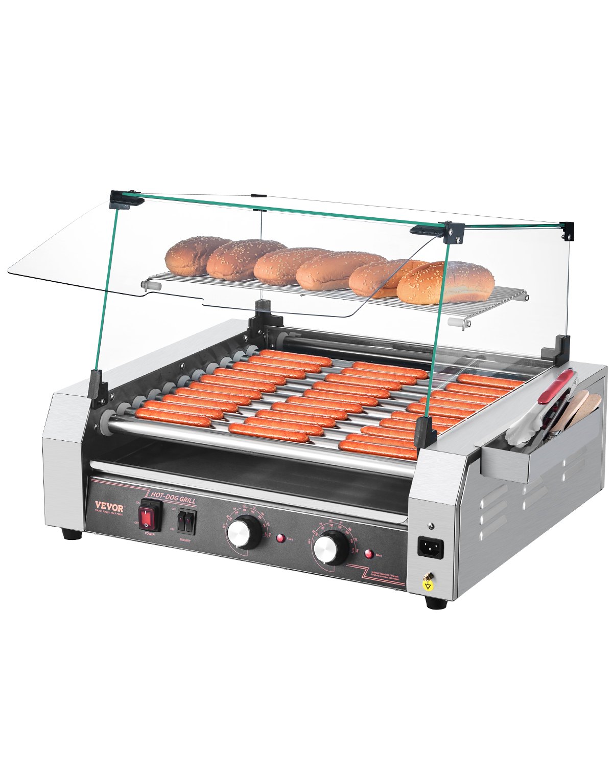 Hot Dog Grill Maschine Hot Dogs 11 Rollen Edelstahl, 2200 W, Elektrogrill Mit Abdeckung & 2 Temperaturregler & Seitlicher Aufbewahrungsbox & Herausnehmbarem Regal & Ölauffangschale