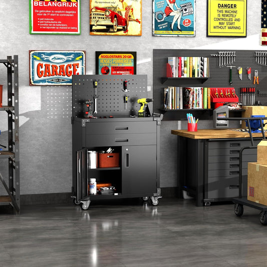 Black Tool Cart With Pegboard And 4 Hooks,Garage Storage Cabinet On Wheels With 2 Drawer,Industrial Service Utility Tool Cart For Mechanics, Garage, Workshop