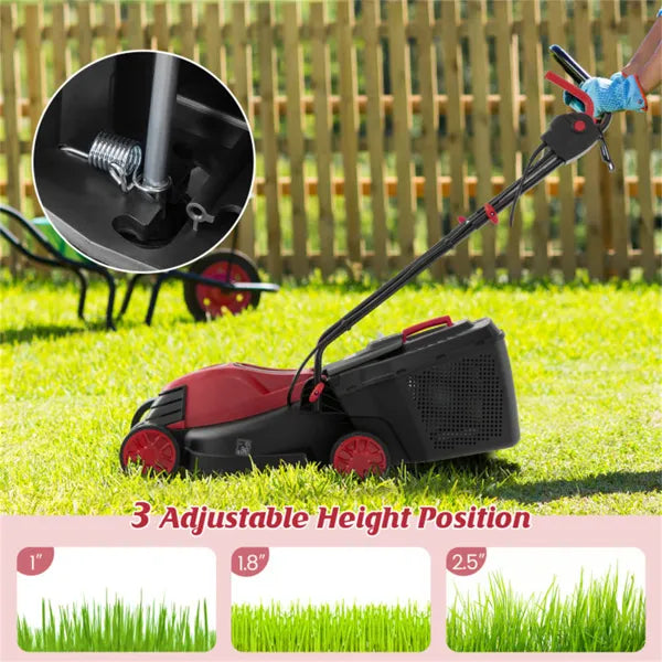 12 Ampere 13.5 Inch Electric Rope Lawn Mower With Dual Safety Switches -Red