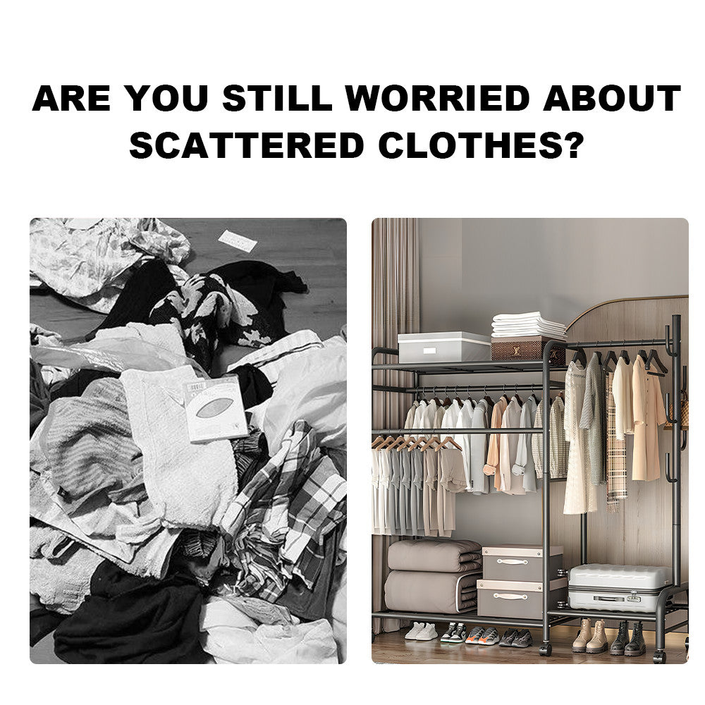 Heavy Duty Double Clothes Rail Rack Garment Hanging Stand Wardrobe Shelf--25Q-WIN-UK-Clothes Black