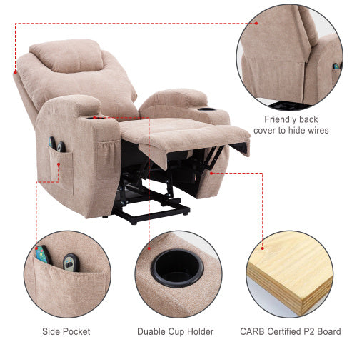 Power Lift Recliner Chair Massage Chair For Elderly, Electric Lift Chair With Heat And Massage, Fabric Recliner Sofa With 2 Cup Holders, Side Pockets  Remote Control For Living Room