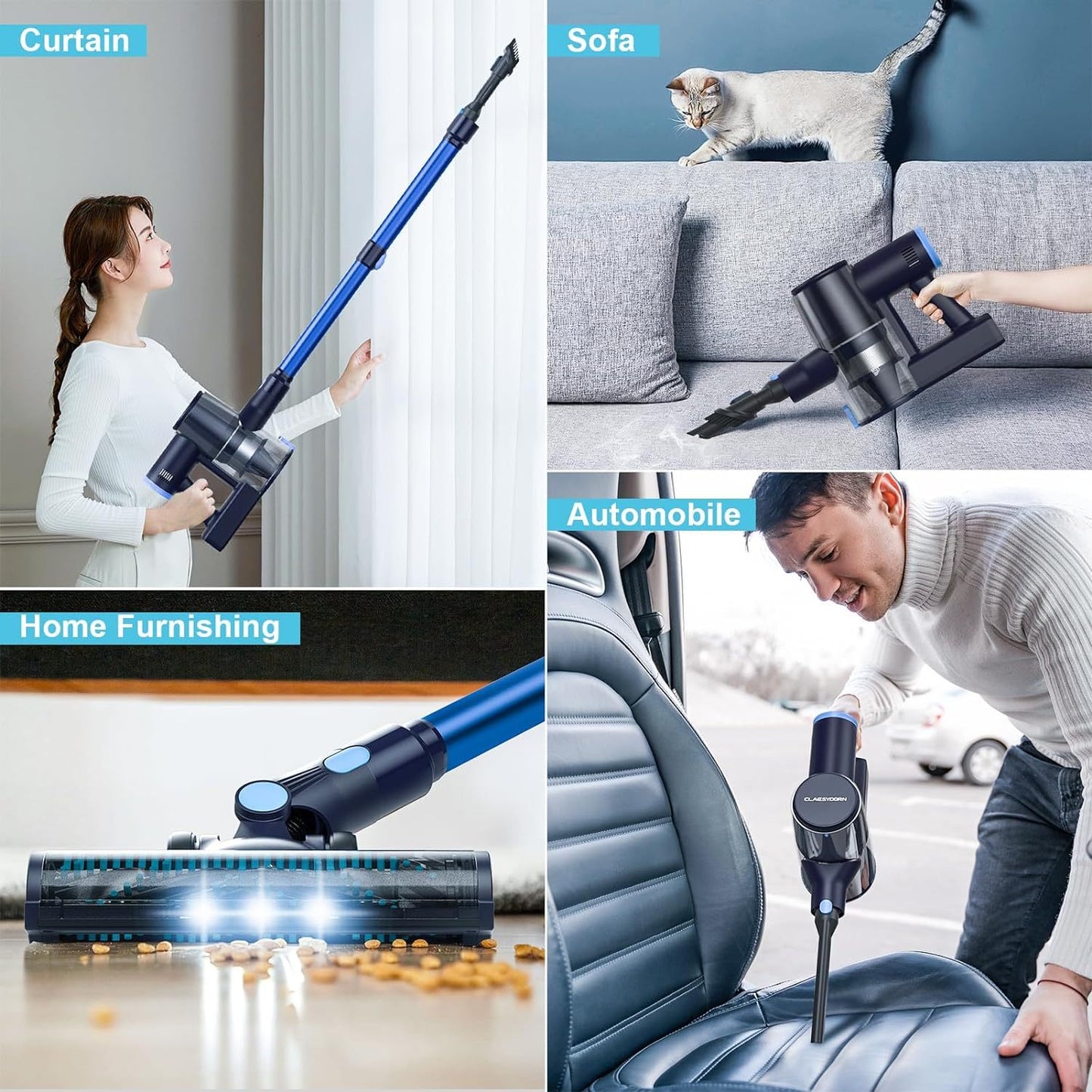 Cordless Vacuum Cleaner, 250W Powerful Lightweight Stick Vacuum 6-in-1Up to 45mins Runtime with 2000mAh Battery, Rechargeable Handheld Vacuum Cleaner for Hard Floor Pet Hair Home Car