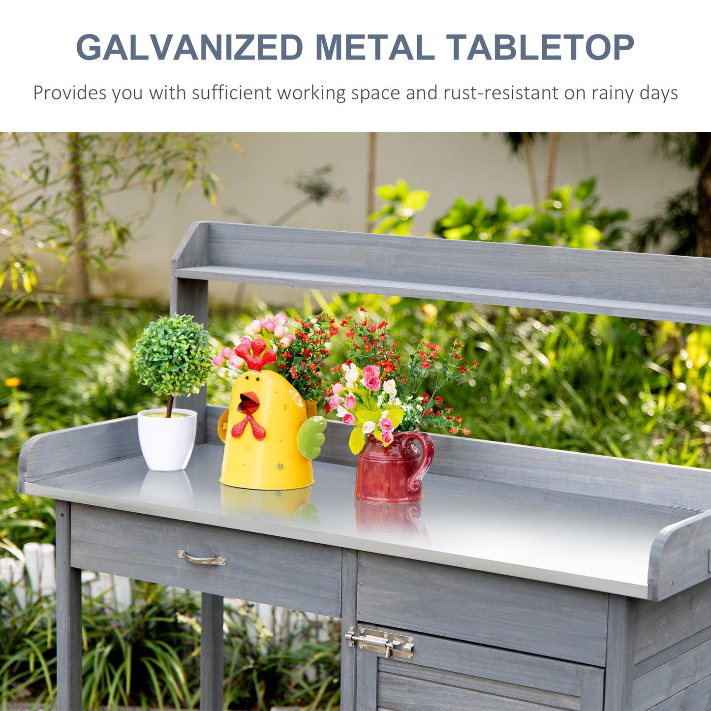 Outdoor Potting Bench Table, Garden Work Station with Storage Cabinet, Open Shelf and Steel Tabletop, Gray