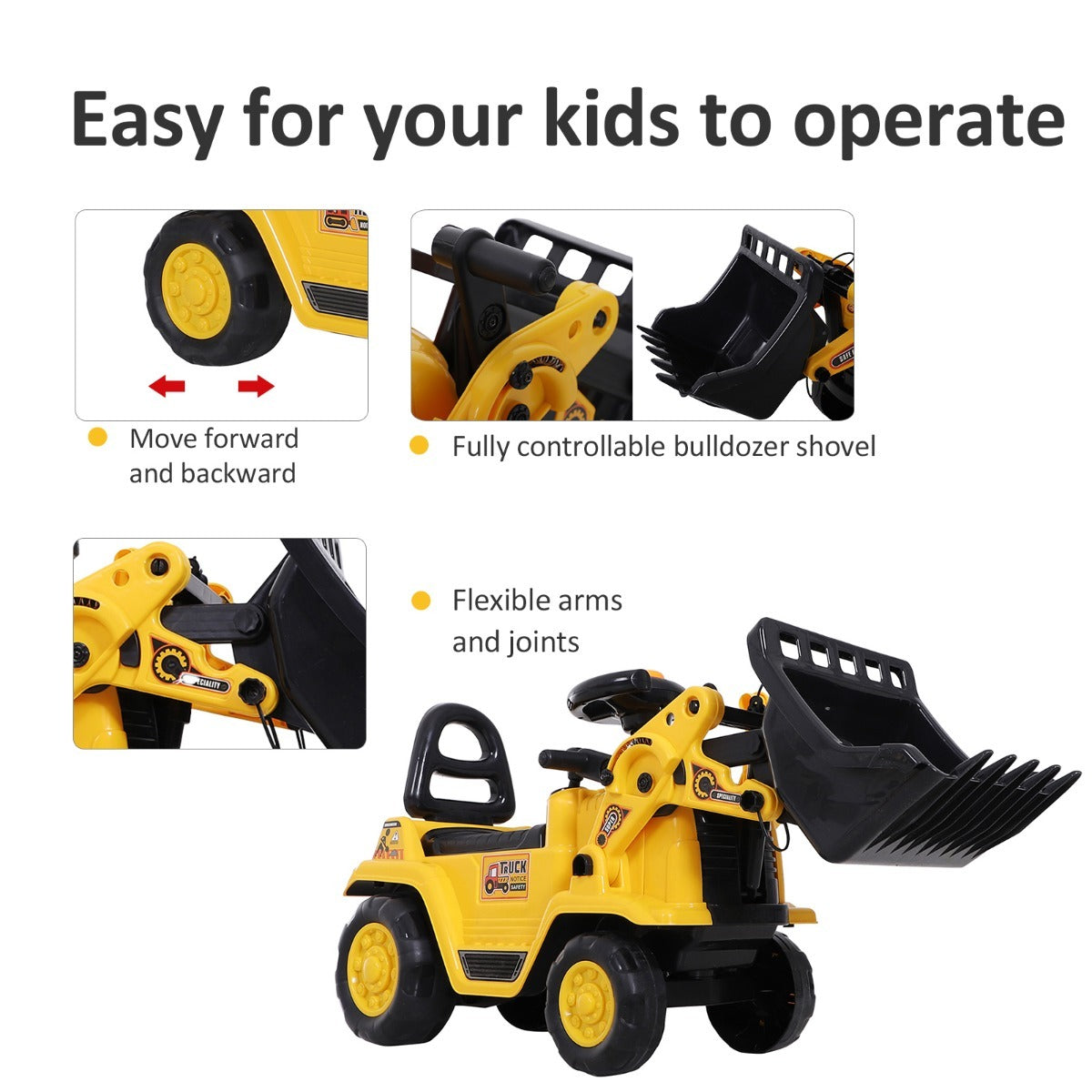 Kids Ride On Excavator Toy, Yellow Pull Cart Bulldozer With Bucket, Horn, Steering Wheel, For Toddler