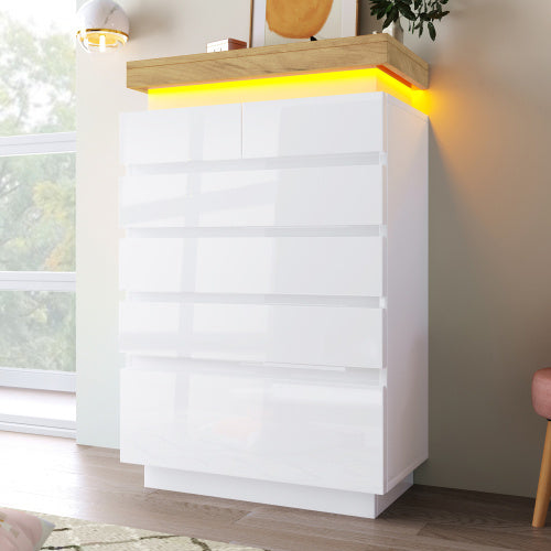 Chest Of Drawers,High-gloss Sideboard Cabinet With 6 Drawers,Storage With RGB LED App-controlled,Multi-purpose Cabinet For Living Room And Bedroom, 115 X 73 X 39 Cm, White