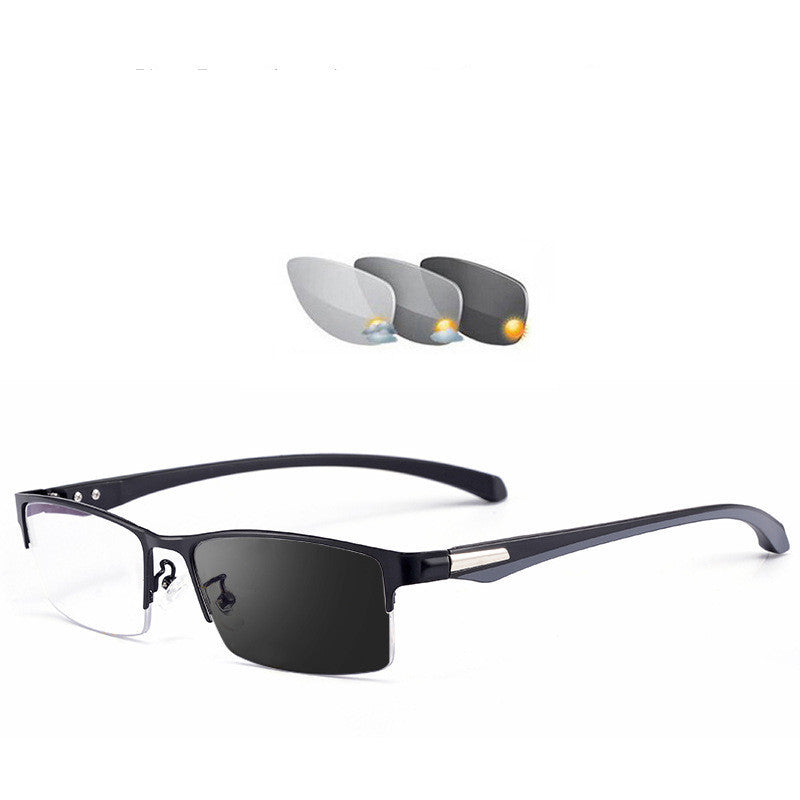 Finished Myopia Sunglasses, Color-Changing Half-Frame Business Fashion Metal Glasses