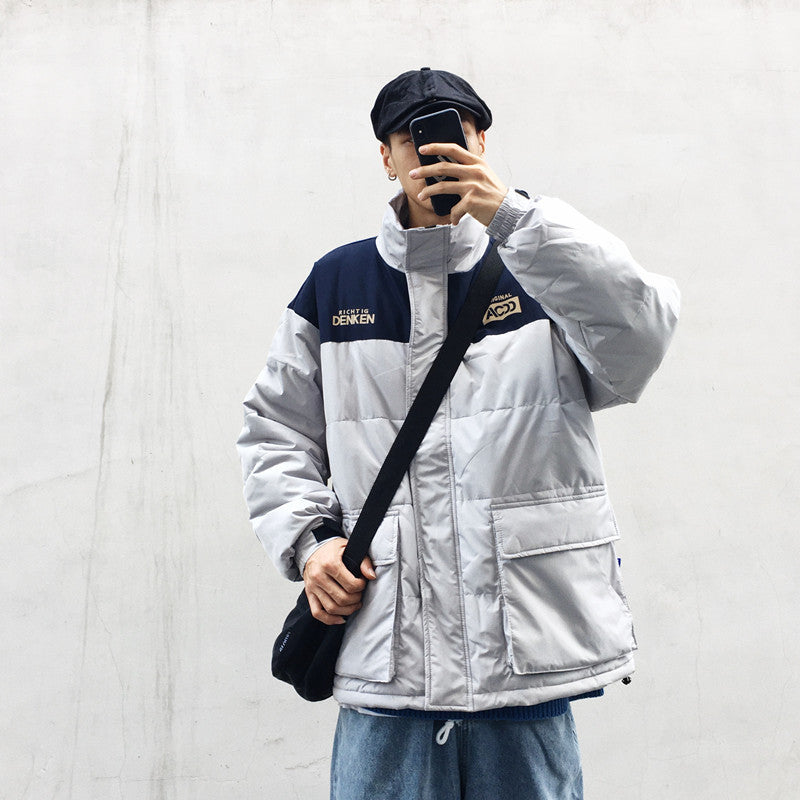 Guochao Brand Tooling Padded Jacket Boys Winter New Color Matching Thick Padded Jacket Jacket Quilted Jacket Bread Jacket Ins