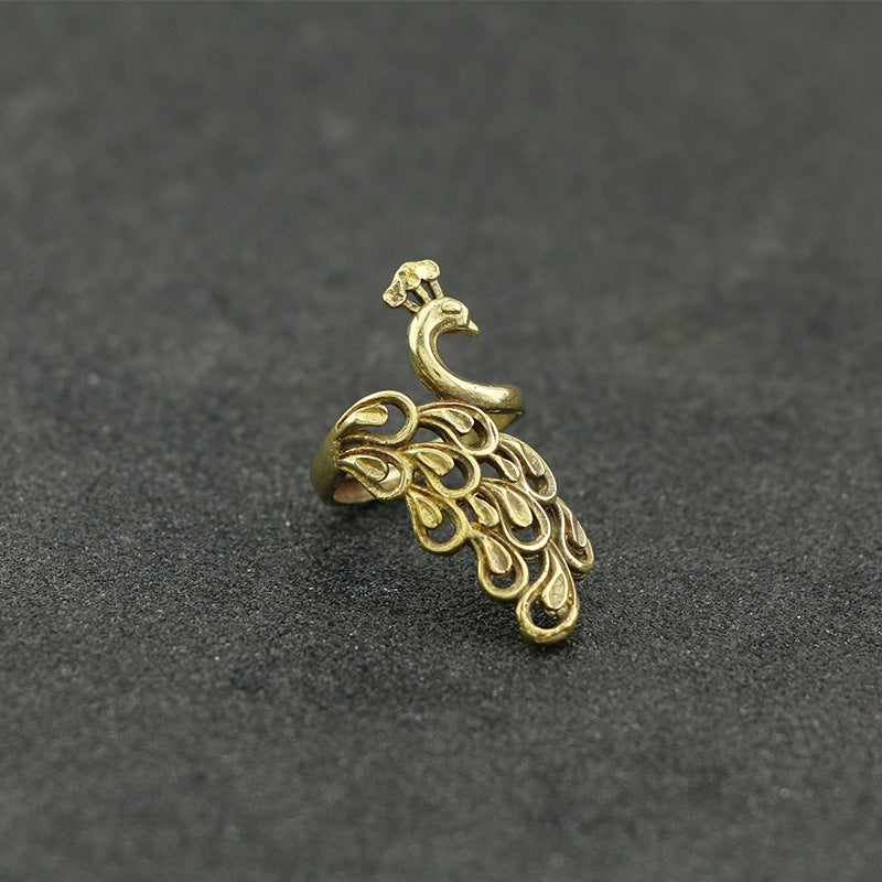 Pure Copper Ladies Ring Retro Opening Peacock Open Screen Brass Jewelry