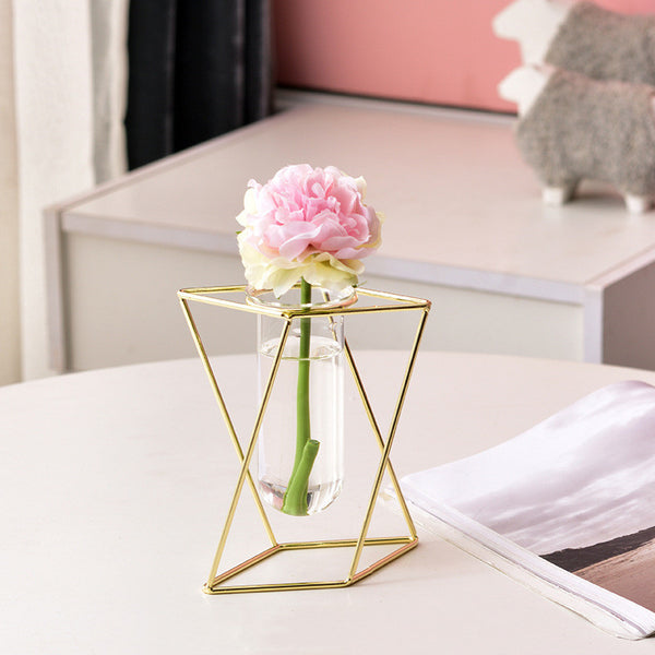 Nordic ins Geometric Vase Light Luxury Metal Iron Decoration Living Room Flower Arrangement Creative Home Glass Flower Stand Decoration