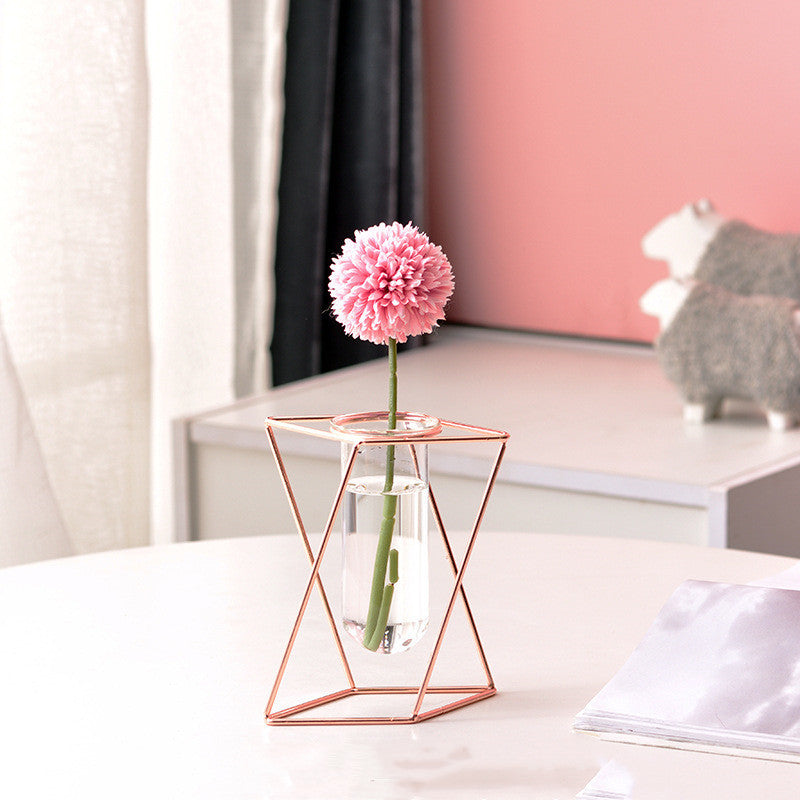 Nordic ins Geometric Vase Light Luxury Metal Iron Decoration Living Room Flower Arrangement Creative Home Glass Flower Stand Decoration