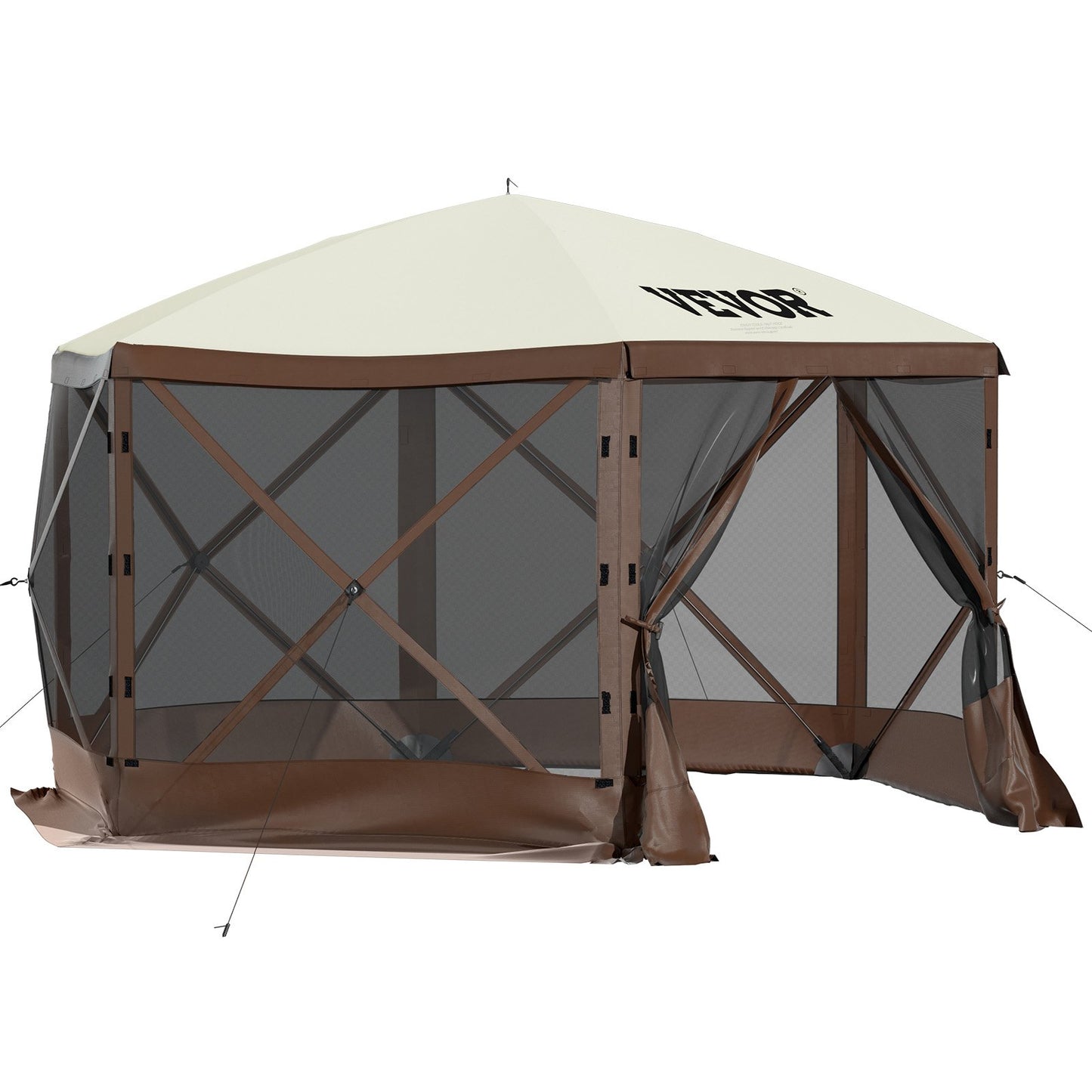 VEVOR Camping Gazebo Tent, 6 Sided Pop-up Canopy Screen Tent For 8 Person Camping, Waterproof Screen Shelter Portable Storage Bag, Ground Stakes, Mesh Windows, Brown & Beige