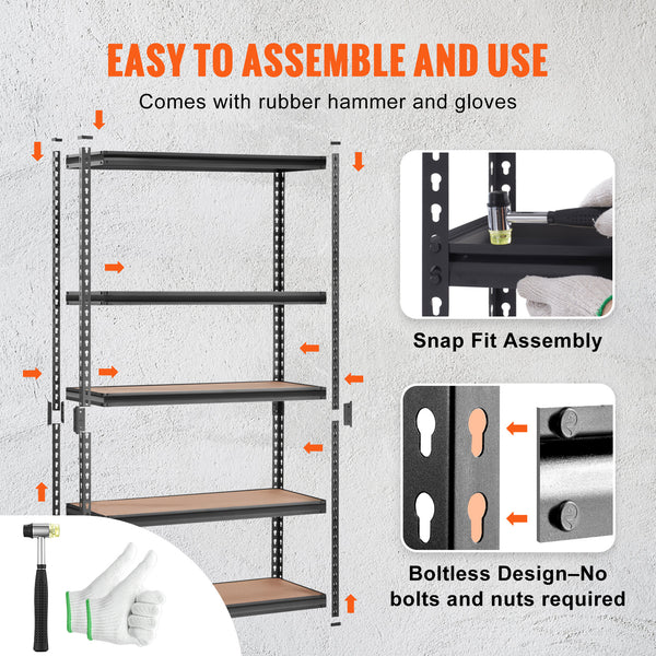 VEVOR Storage Shelving Unit, 5-Tier Adjustable, 2000 Lbs Capacity, Heavy Duty Garage Shelves Metal Organizer Utility Rack, Black,  For Kitchen Pantry Basement Bathroom Laundry