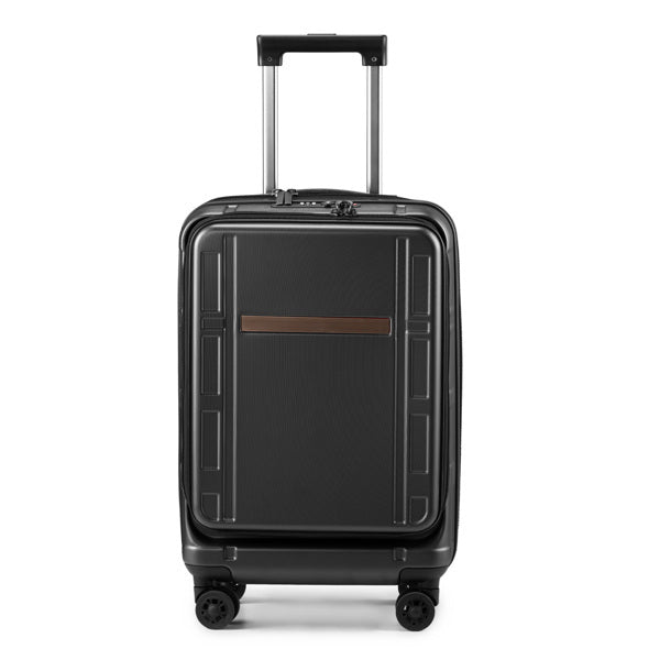 FCH 20 Zoll erweiterbarer ABS-PC-Trolley mit Frontöffnung, 20 Zoll leise Räder, inneres Eisen, äußeres Aluminium, Trolleystange, klassische Farbe – Schwarz