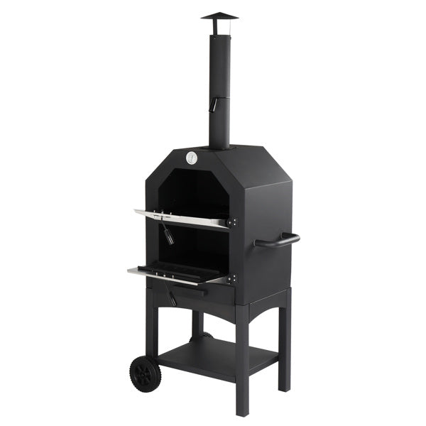 Freestanding Carbon Grill With Chimney, Wheels, Pizza Stone, And Pizza Shovel